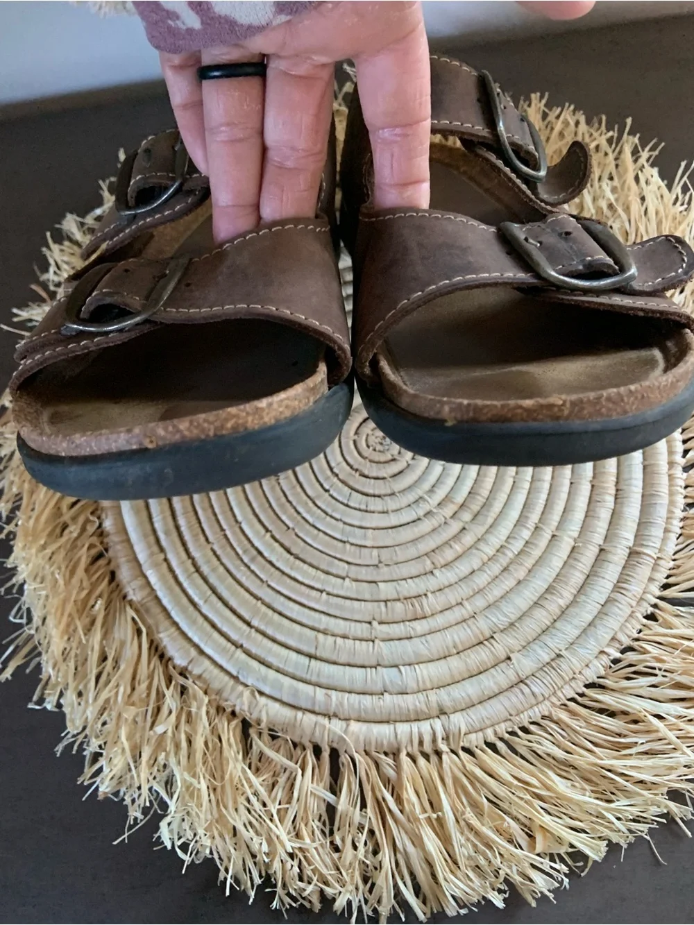 NUNN BUSH Brown Leather Buckle Slide Footbed Cork Sandals